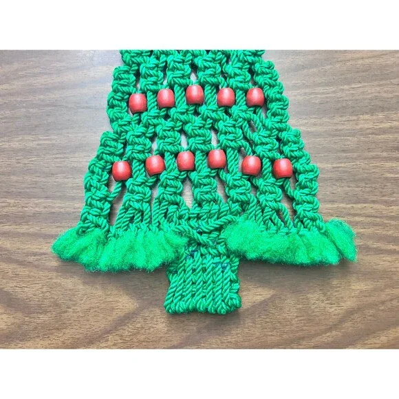 Macrame Handmade Christmas Tree Wall Hanging Large Green Red Wood Beads - Picture 2 of 7